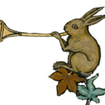 Period marginalia illustration of rabbit playing bugle.