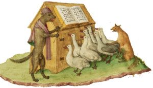 Image from illuminated manuscript depicting a weasel teaching geese music.