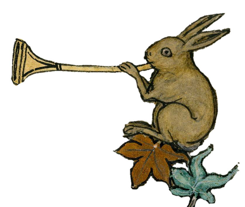 Period marginalia illustration of rabbit playing bugle.