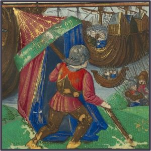 Person relocating tent next to medieval battle.